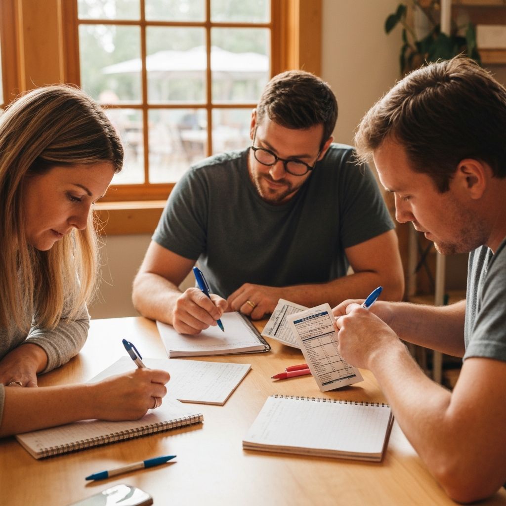 Személyek ételmiszercímkéket tanulmányoznak és jegyzetelnek