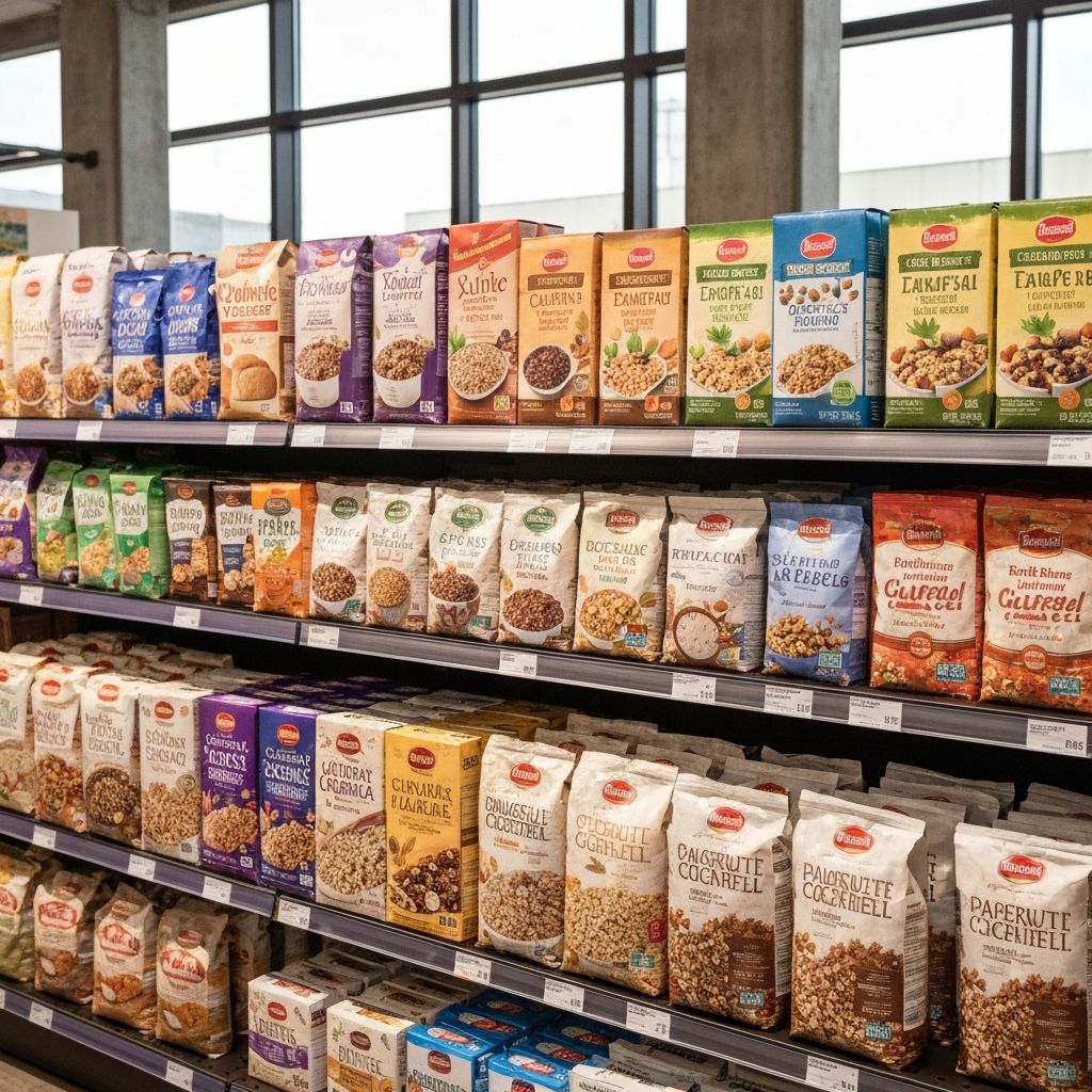 Gabonatermékek és lisztcsomag polcon elrendezve