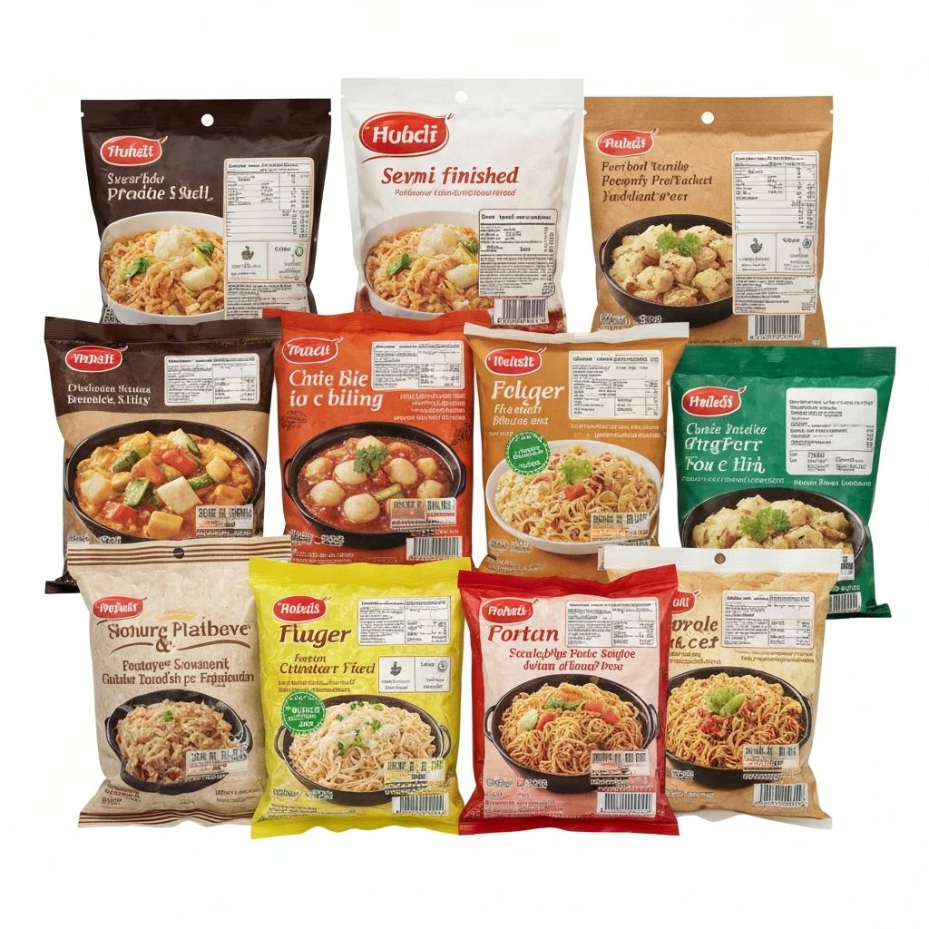 Félkész termékek címkéivel és előkészítési utasításokkal