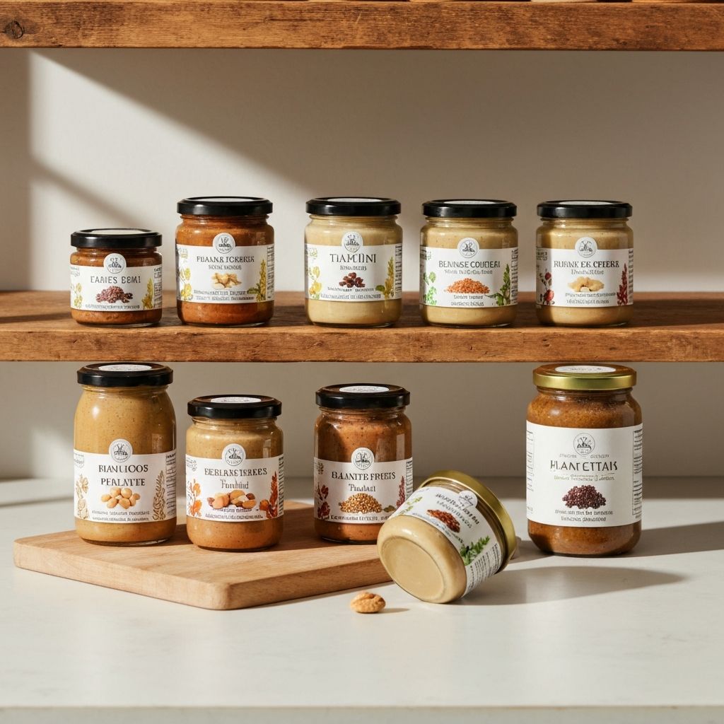 Különféle növényi alapú szószok és paszták üvegekben